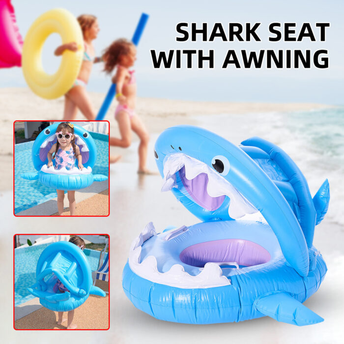 Inflatable Swimming Ring For Kids With Awning Shark Seat Ring Baby Float For Swimming Pool Toys Seat Removable Water Ring - Image 1